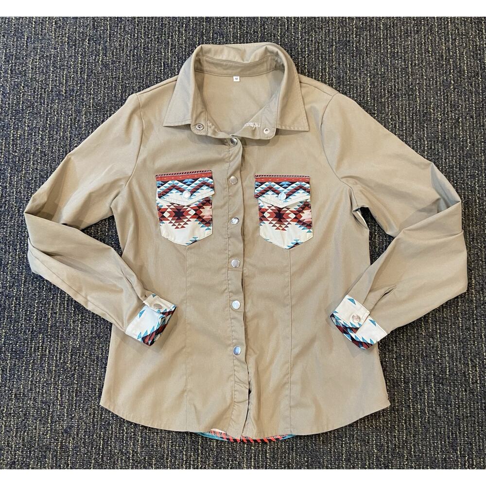 Full Collar Button Down w/Pocket & Aztec Deco Sleeves, Women's medium western